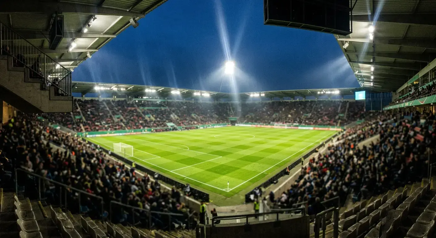 Illustrativer Turnierbaum-Blick auf ein WM-Achtelfinale bei Nacht, helles Stadion mit Flutlicht