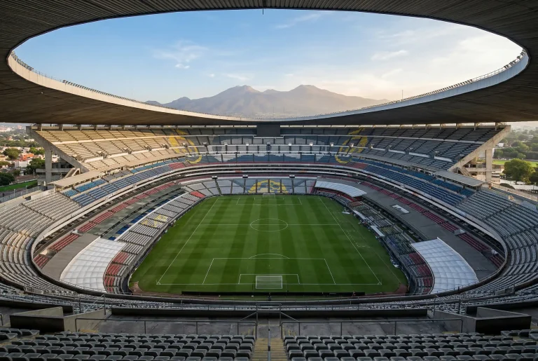 Estadio Azteca in Mexiko-Stadt mit Rasenfeld und Tribünen als Eröffnungsstadion der FIFA WM 2026