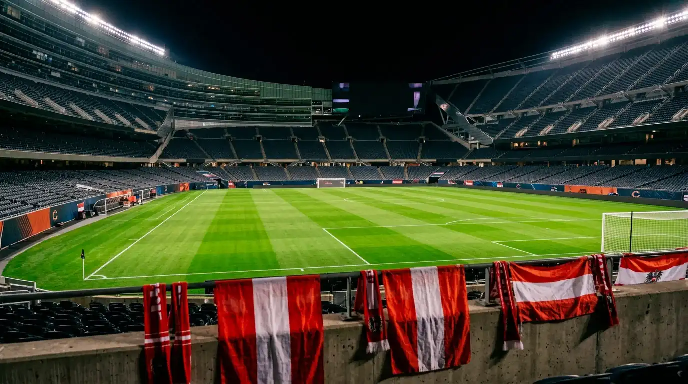 Spielfeld bei Nacht in einem US-Stadion, rot-weiße ÖFB-Fahnen auf der Tribüne vor dem Gruppe-J-Finale