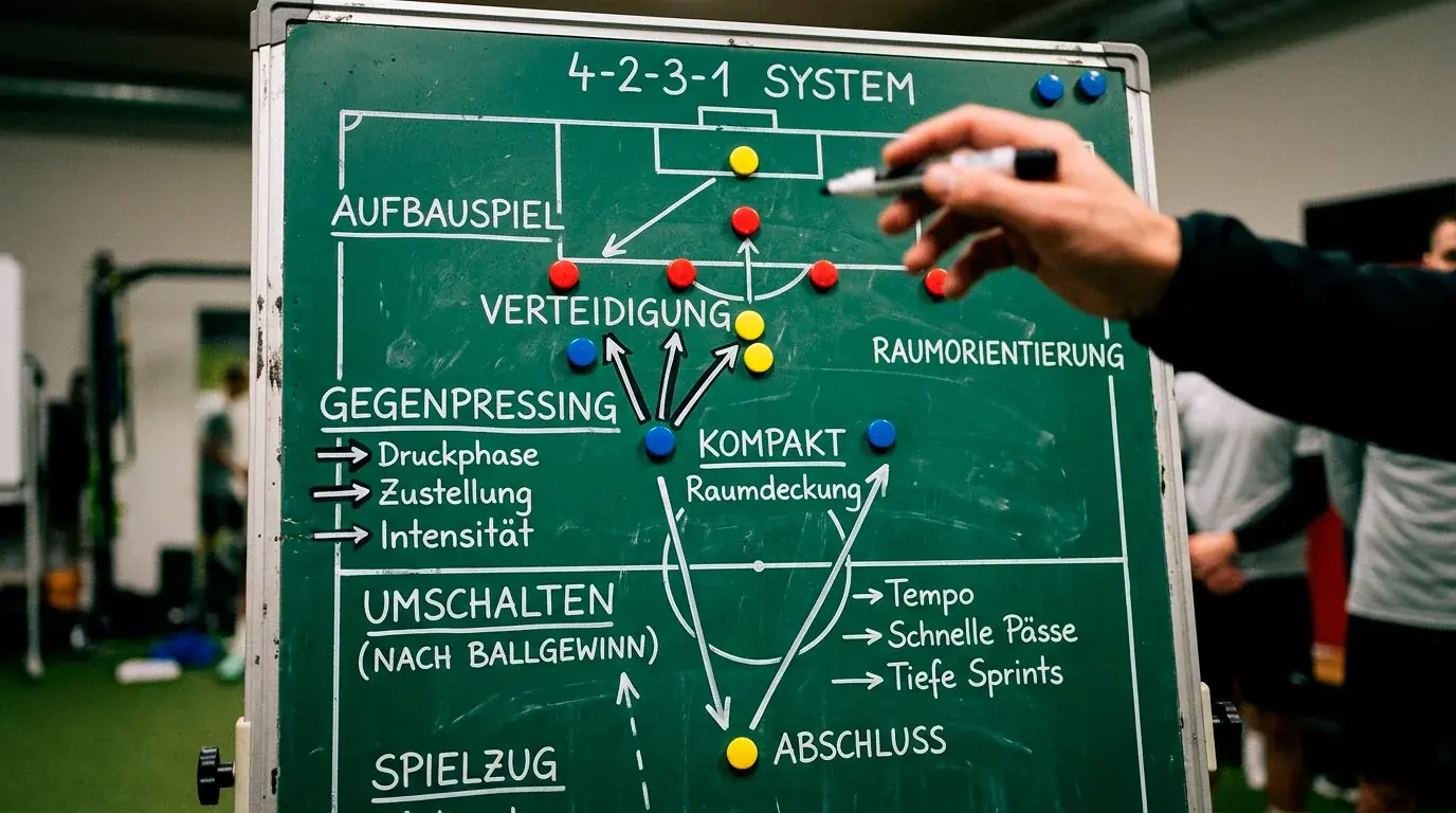 Taktiktafel mit Aufstellung und Pfeilen, Symbol für die Spielvorbereitung auf das Gruppe-J-Finale