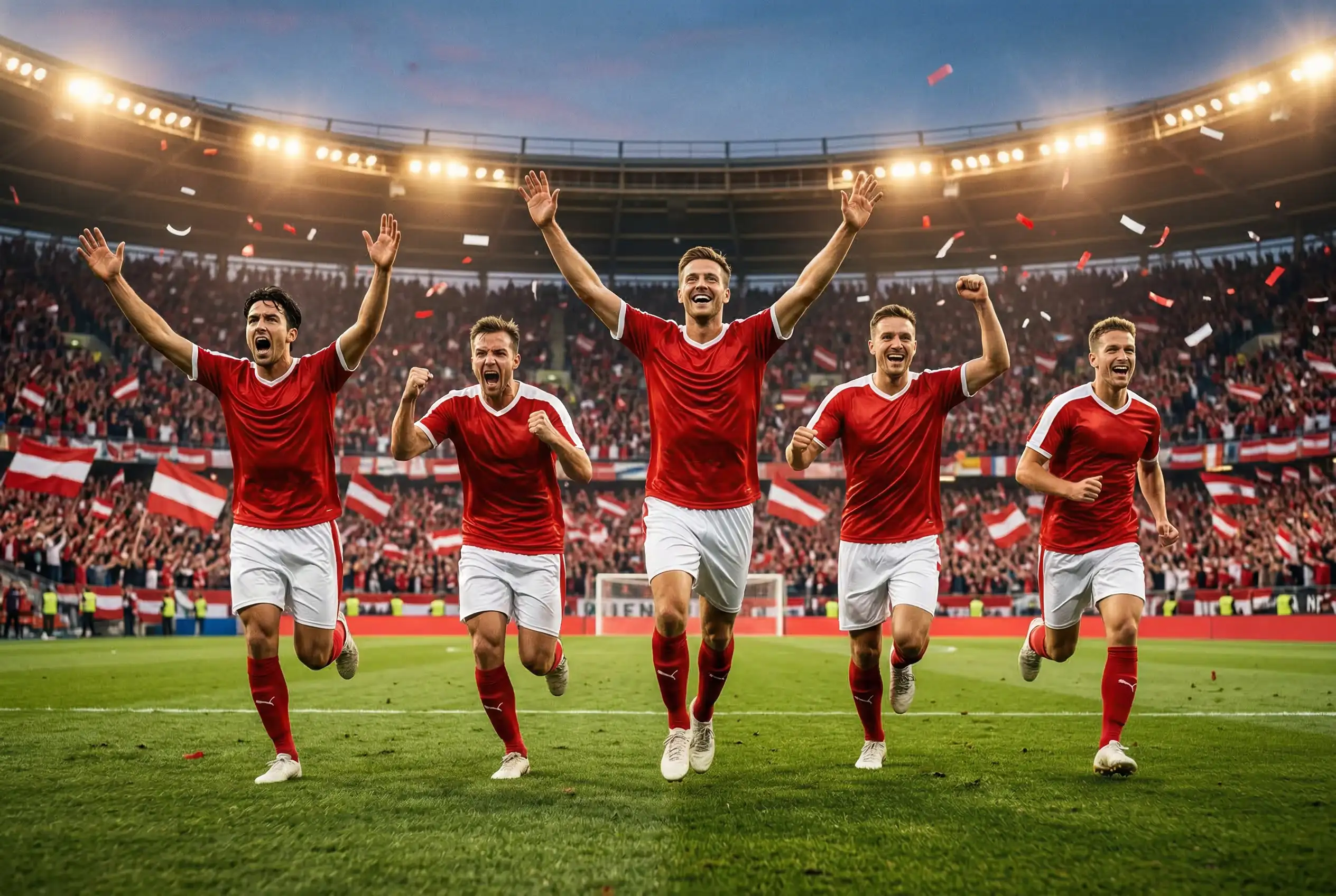 Österreichische Nationalspieler in rot-weißen Trikots jubeln nach einem Tor bei der WM 2026