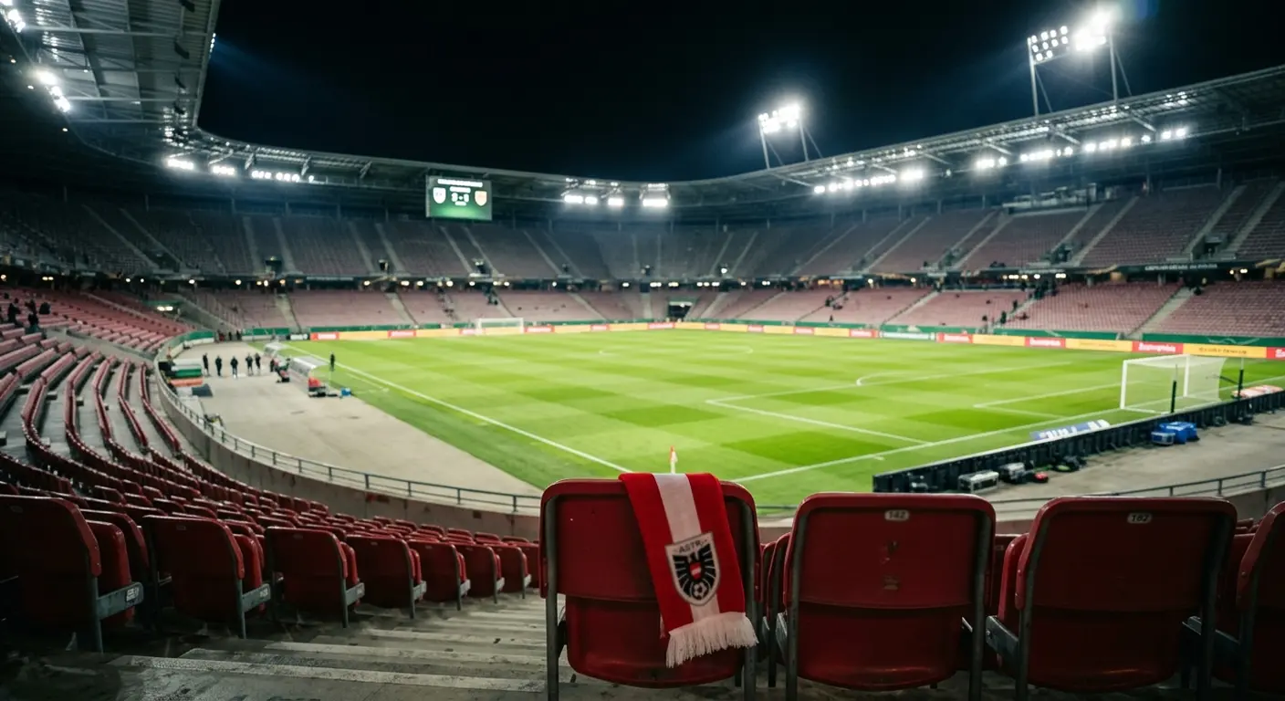Leeres, hell erleuchtetes WM-Stadion bei Nacht mit rot-weißem Schal auf einem Sitz – Symbol für Österreichs WM-Aus 2026
