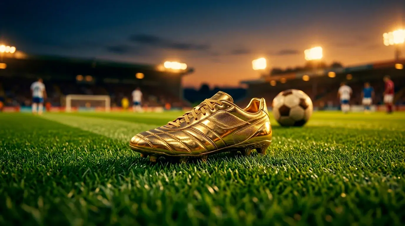 Goldener Fußballschuh auf grünem Rasen unter Stadionlicht als Symbol für die WM-Torjägerwertung 2026
