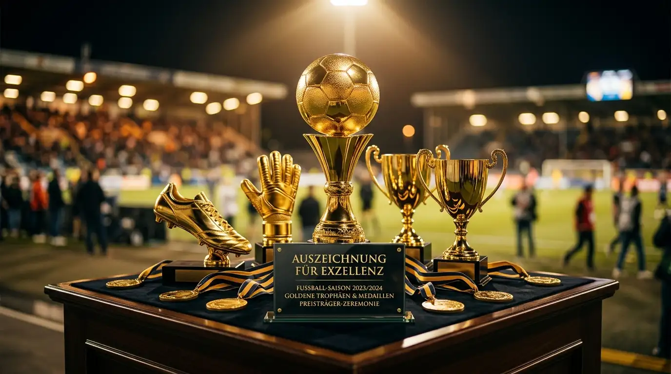 Symbolbild WM-2026-Auszeichnungen: goldene Trophäen und Medaillen auf einem Podest
