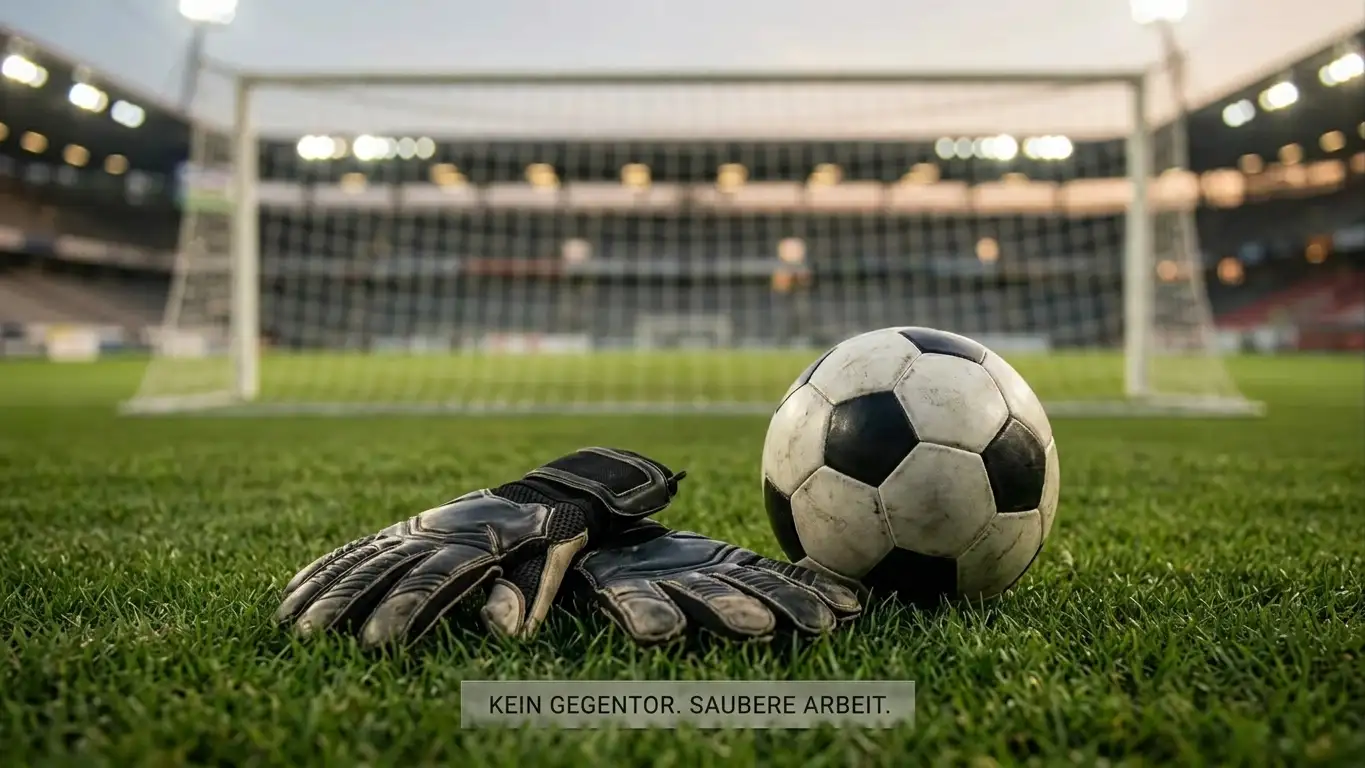 Symbolbild Torhüterhandschuhe und ein Fußball vor leerem Tor als Sinnbild für den Goldenen Handschuh