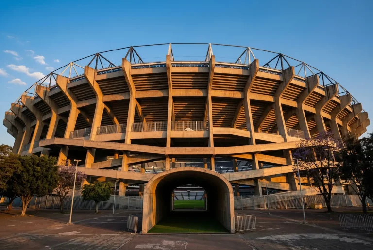 Fußballstadion Estadio Azteca in Mexiko-Stadt bei Sonnenuntergang mit Rasenfeld und leeren Rängen vor der WM 2026 Gruppe A