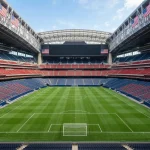 Fußballstadion in den USA mit amerikanischen Fahnen und grünem Rasen für die WM 2026 Gruppe D