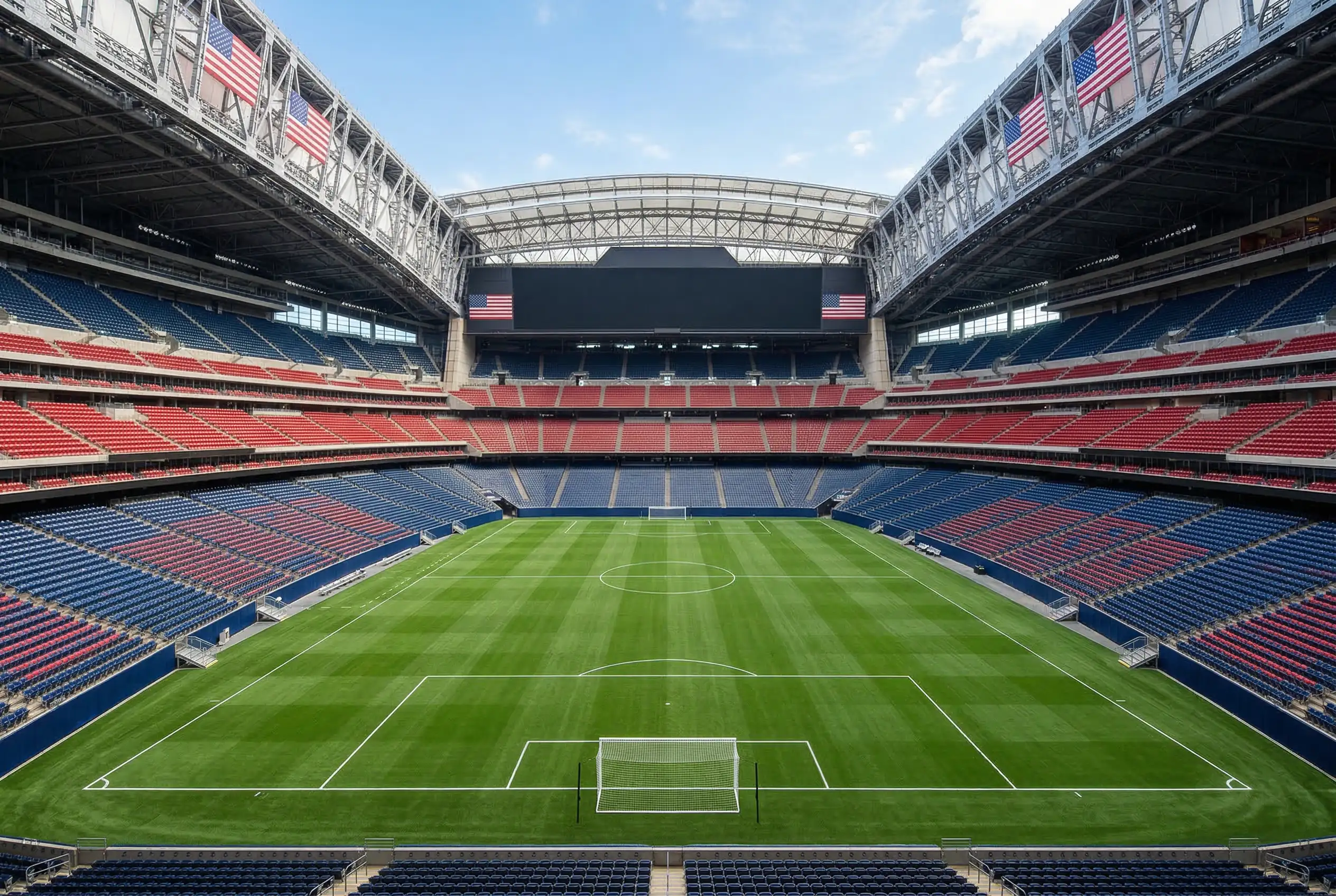 Fußballstadion in den USA mit amerikanischen Fahnen und grünem Rasen für die WM 2026 Gruppe D