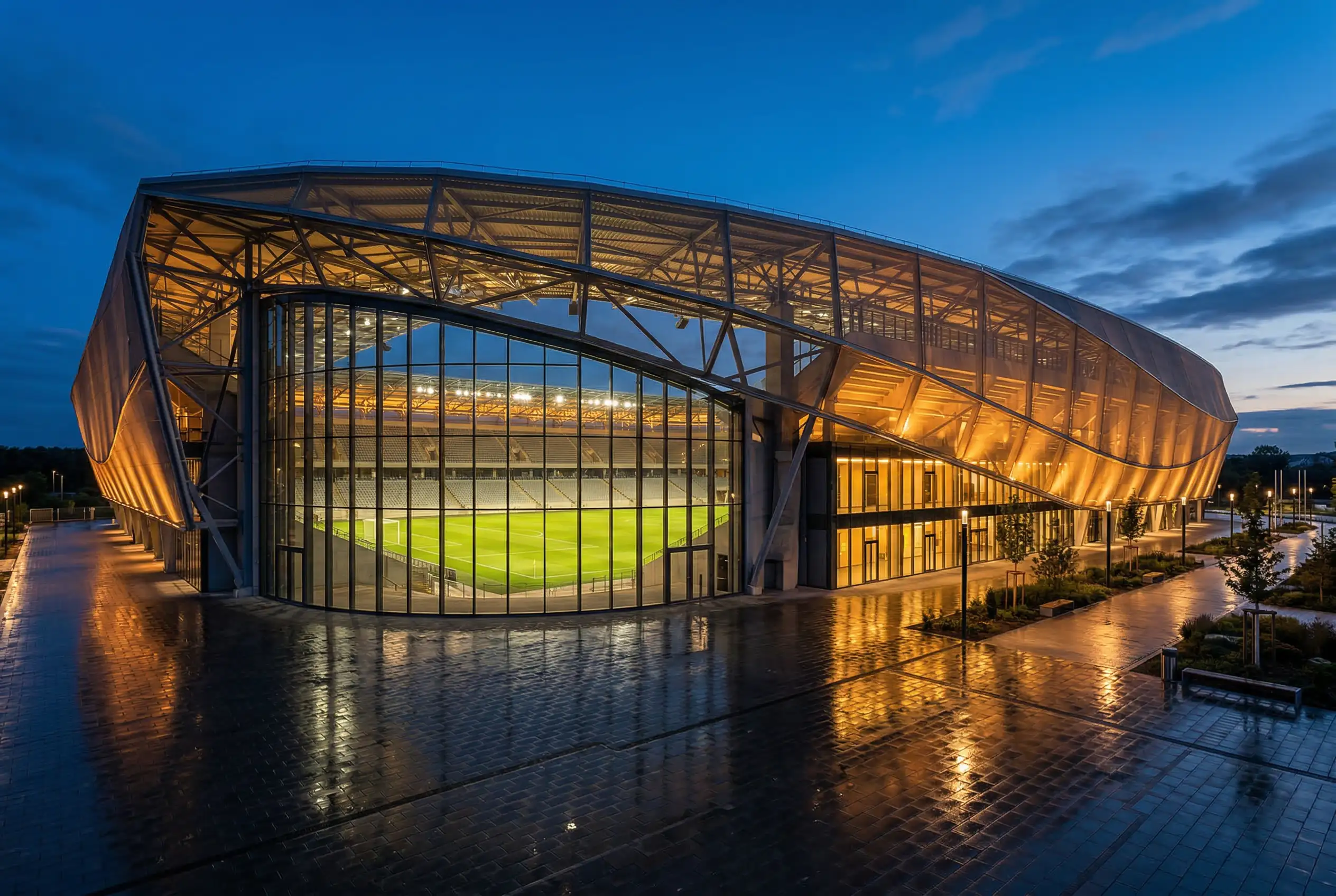 Fußballstadion mit Flutlicht und Rasenfeld bei Abenddämmerung für die WM 2026 Gruppe F Analyse