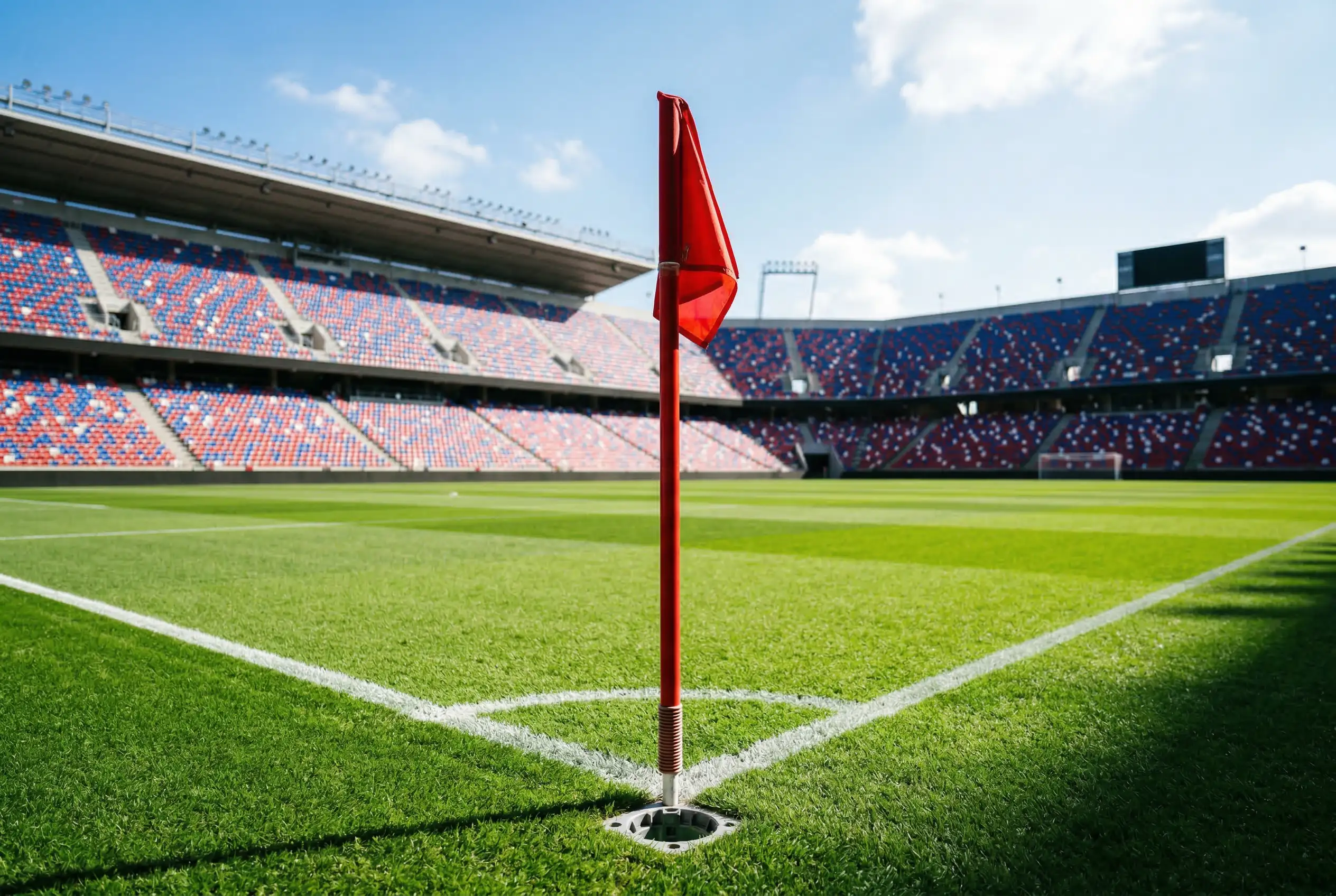 Fußballfeld mit Eckfahne und Tribüne eines voll besetzten Stadions für die WM 2026 Gruppe L Analyse