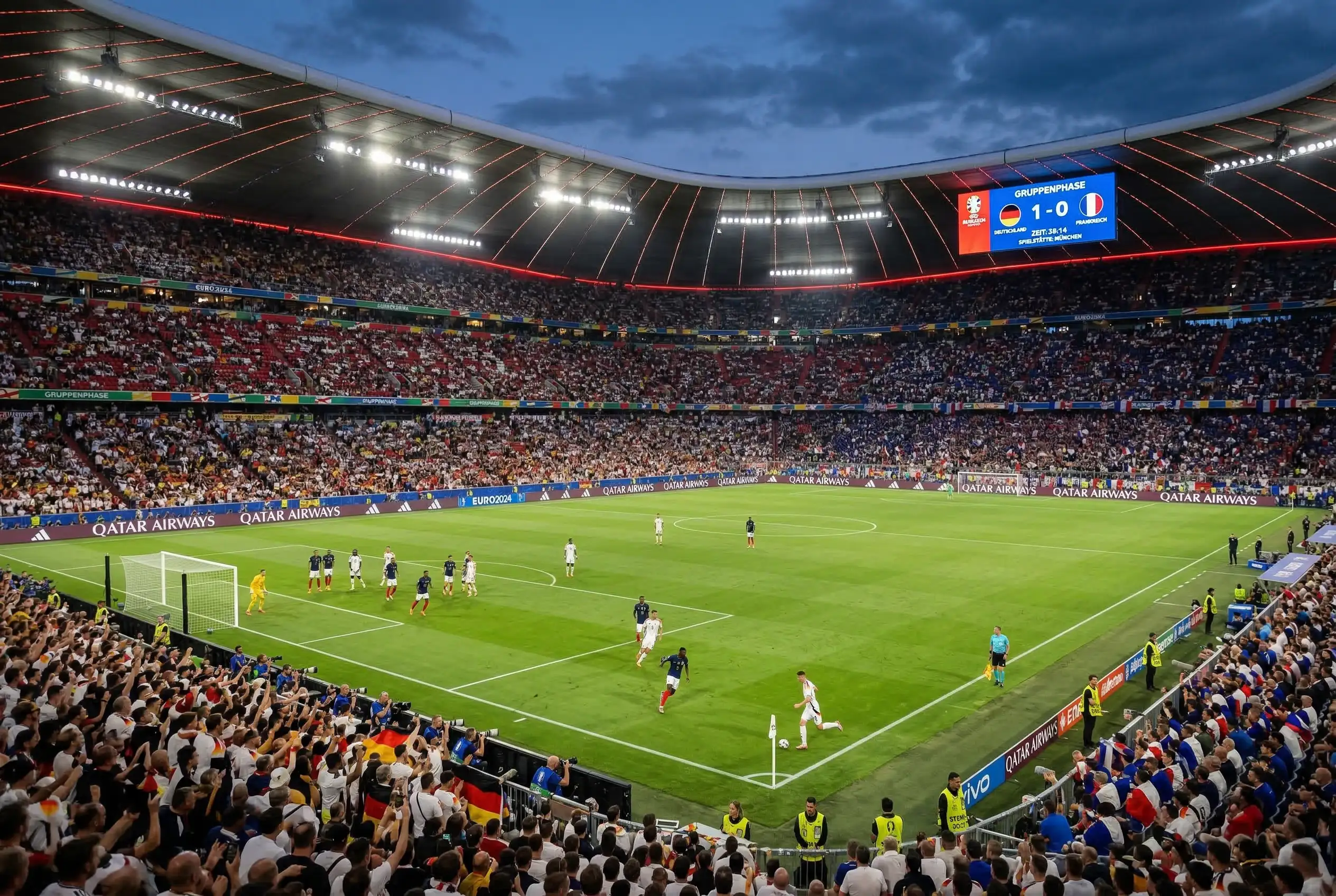 Fußballstadion mit Tribüne und Spielfeldansicht während eines WM-Gruppenspiels - Symbolbild für die Gruppenanalyse