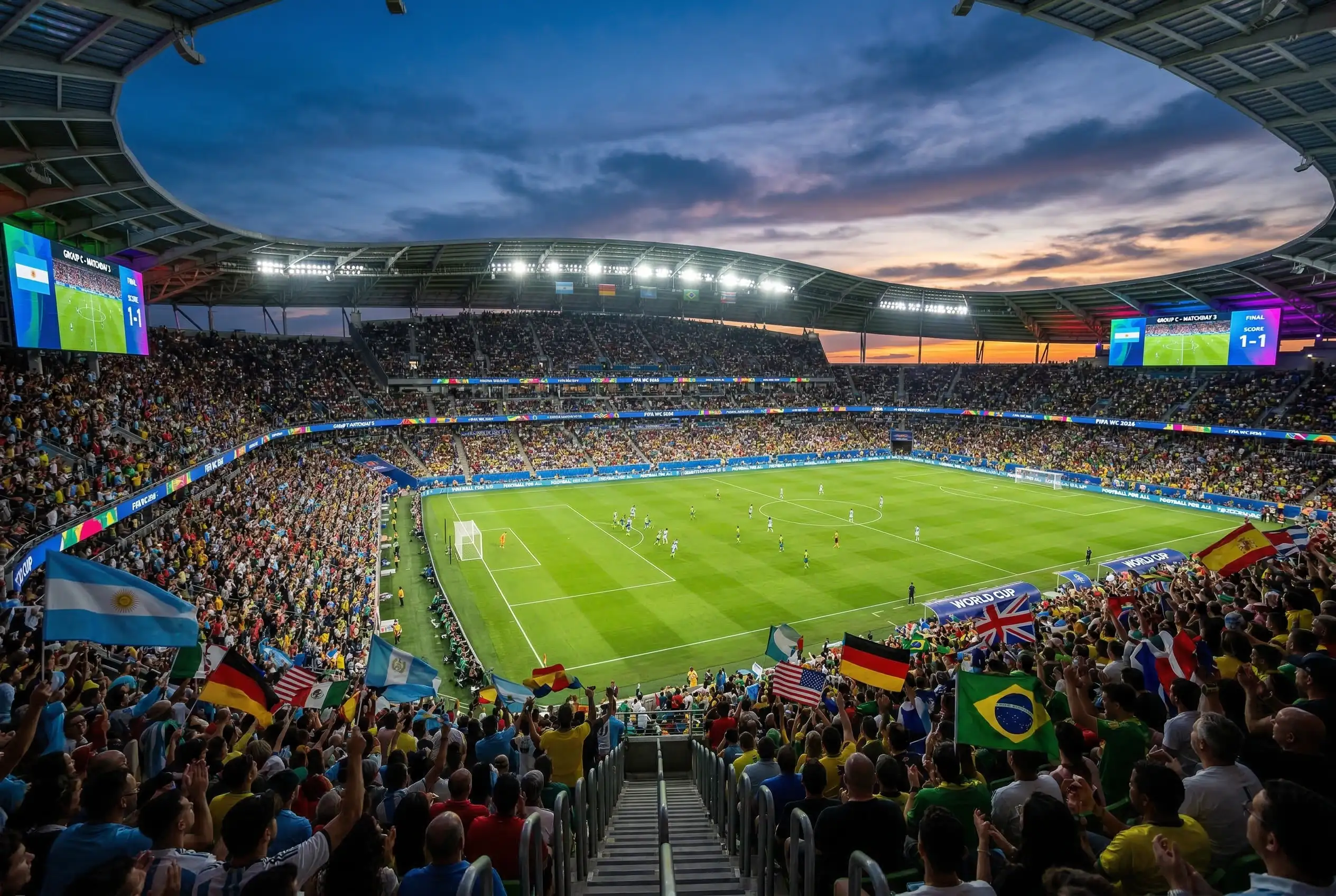 Blick von der Tribüne auf ein Gruppenspiel der WM 2026 mit Nationalflaggen im Publikum