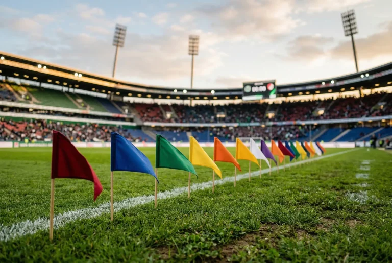 Fußballfeld mit Nationalflaggen am Spielfeldrand bei einem WM-Gruppenspiel im Stadion