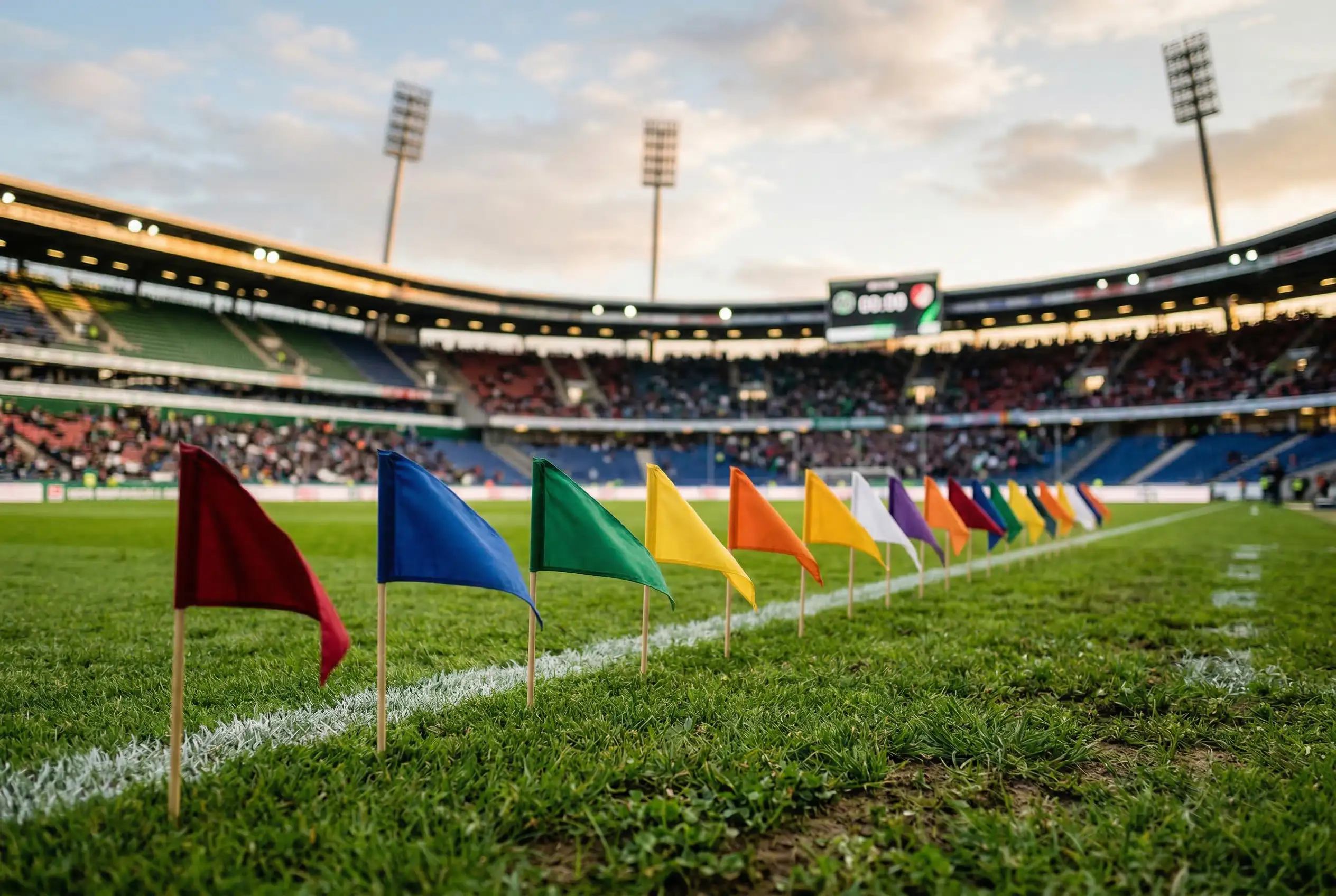 Fußballfeld mit Nationalflaggen am Spielfeldrand bei einem WM-Gruppenspiel im Stadion