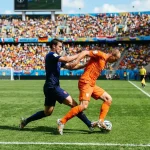Fußballspieler im Zweikampf auf dem Rasen während eines WM-Gruppenspiels bei Tageslicht