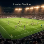 Fußballspiel bei Flutlicht in einem ausverkauften Stadion mit Rasenansicht und Spielern in Aktion