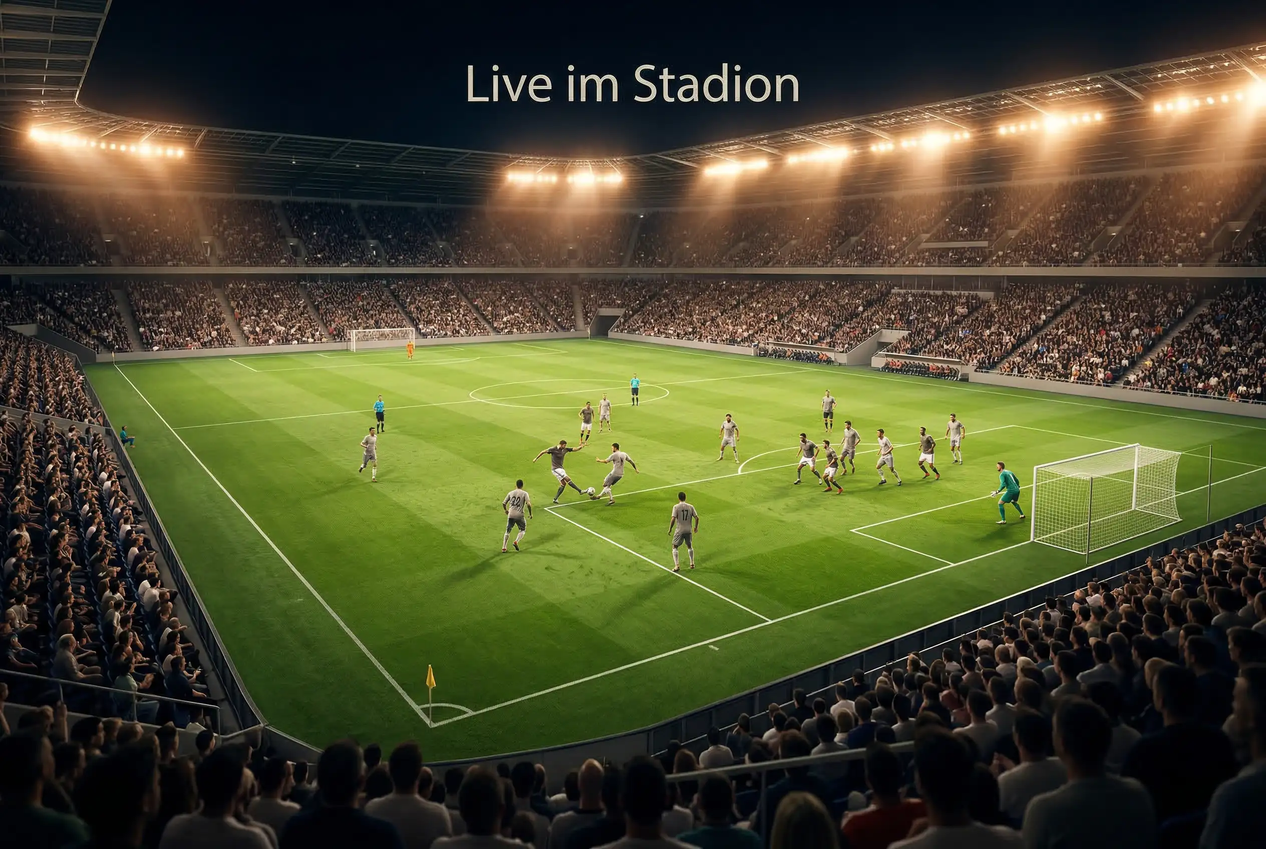 Fußballspiel bei Flutlicht in einem ausverkauften Stadion mit Rasenansicht und Spielern in Aktion