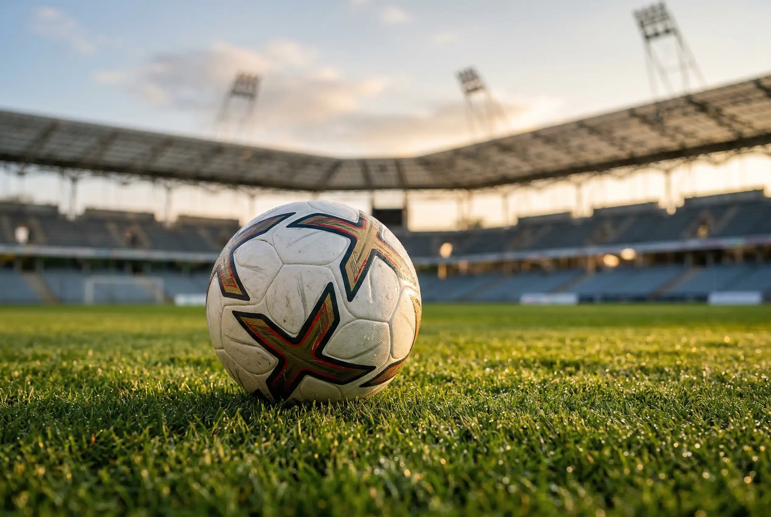 Fußball auf dem Rasen eines WM-Stadions mit Flutlichtmasten im Hintergrund - Symbolbild für datenbasierte WM-Prognosen