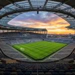 Leeres WM-Stadion in den USA bei Sonnenuntergang mit Blick auf Rasen und Zuschauertribünen