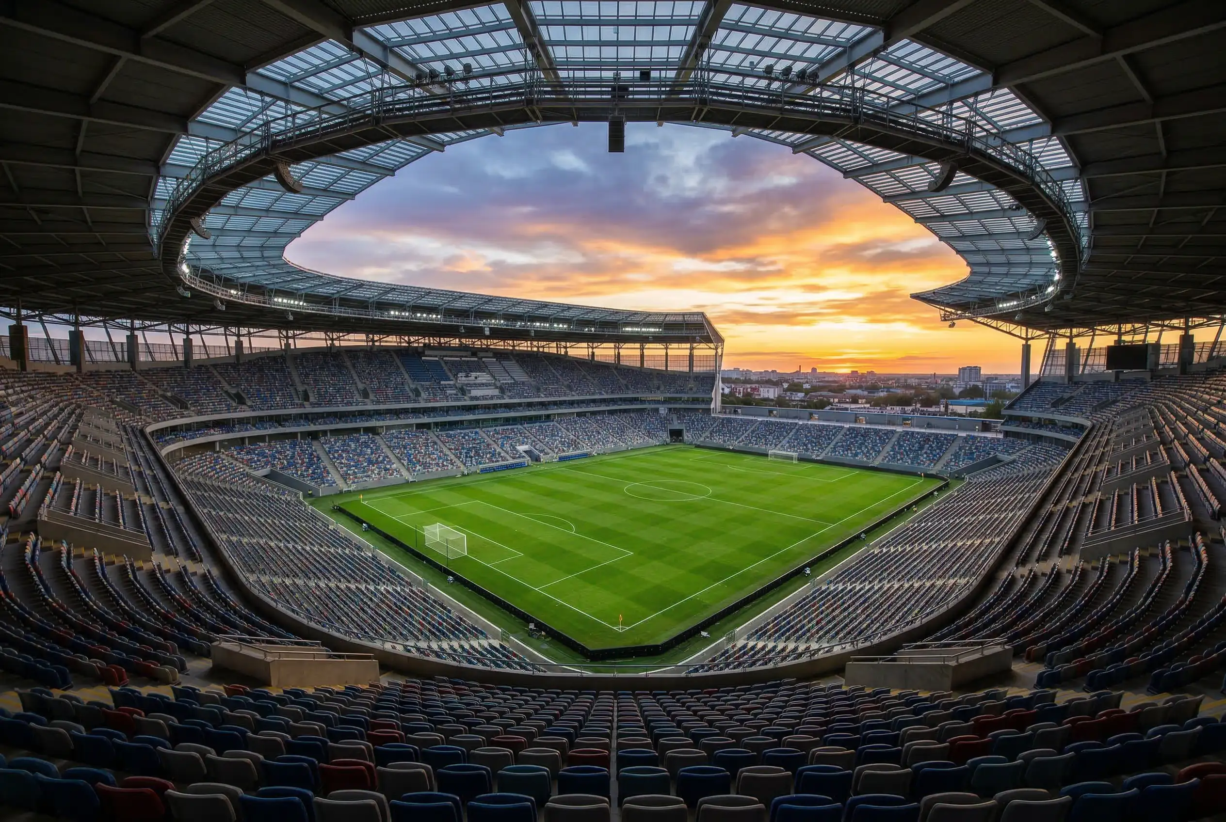 Leeres WM-Stadion in den USA bei Sonnenuntergang mit Blick auf Rasen und Zuschauertribünen