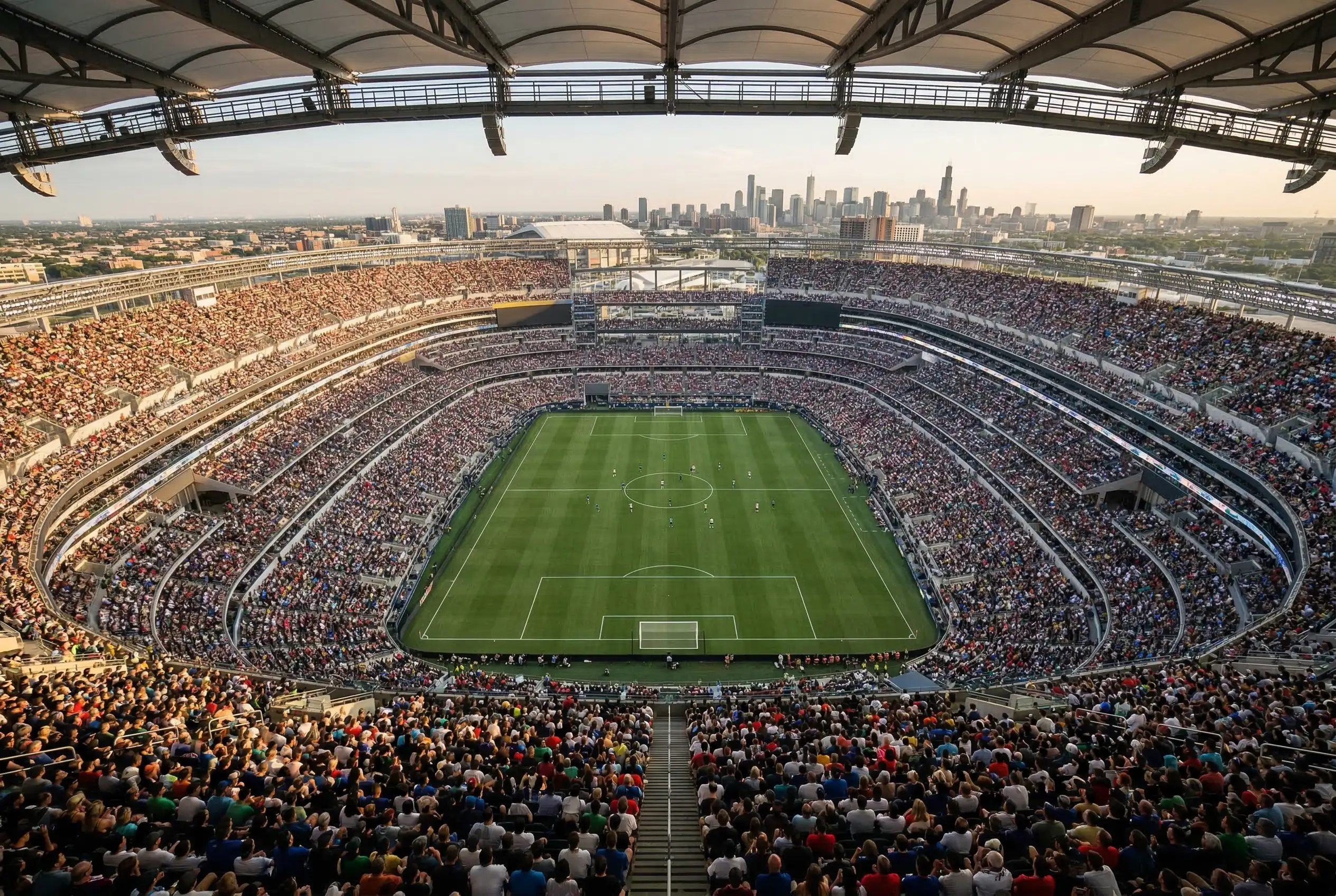 Panoramablick auf ein WM-2026-Stadion in den USA mit Fußballfeld und gefüllten Zuschauerrängen