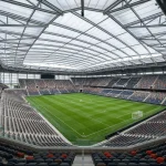 Modernes Fußballstadion in Nordamerika mit geschlossenem Dach und grünem Spielfeld für die WM 2026 Stadien Übersicht