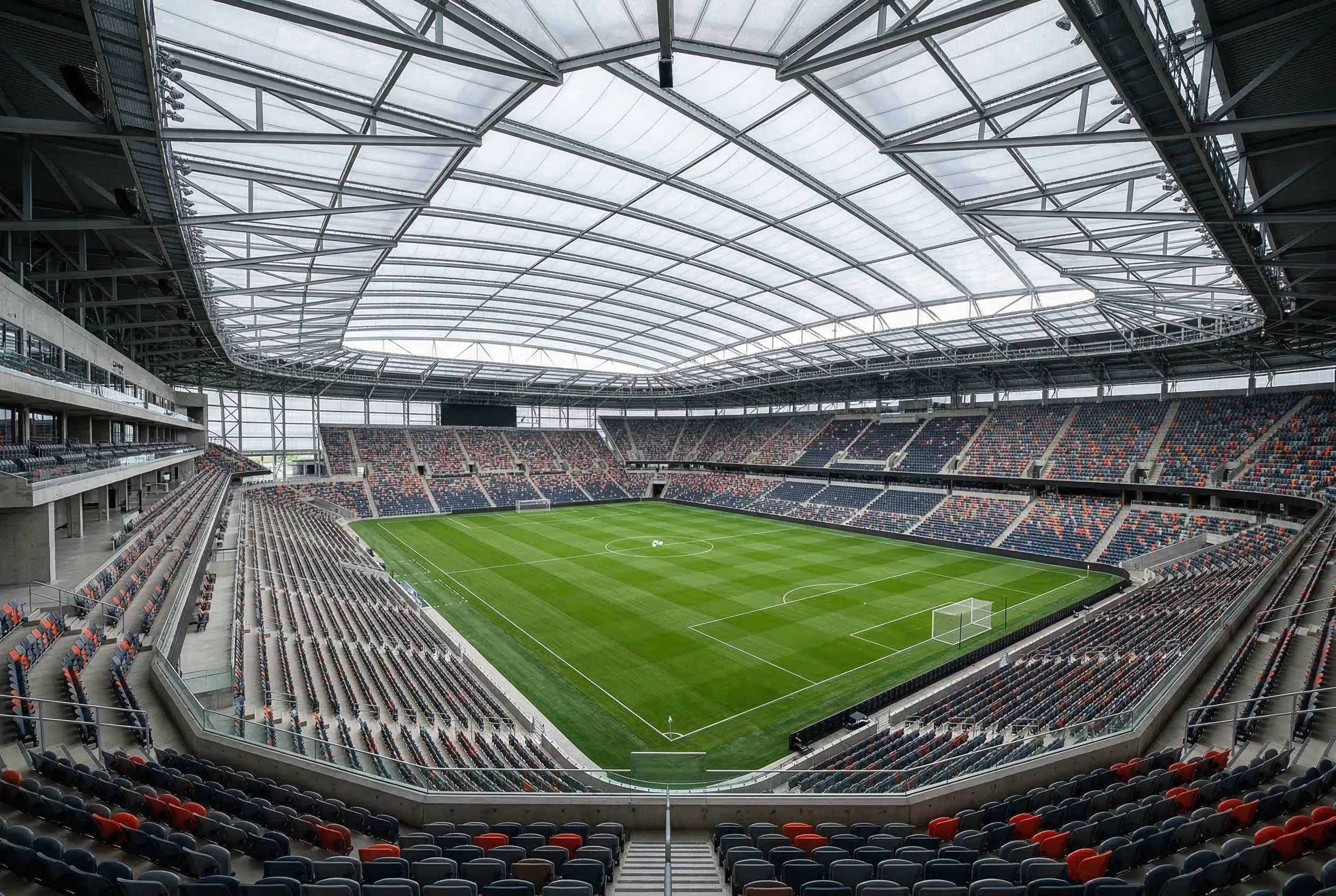 Modernes Fußballstadion in Nordamerika mit geschlossenem Dach und grünem Spielfeld für die WM 2026 Stadien Übersicht