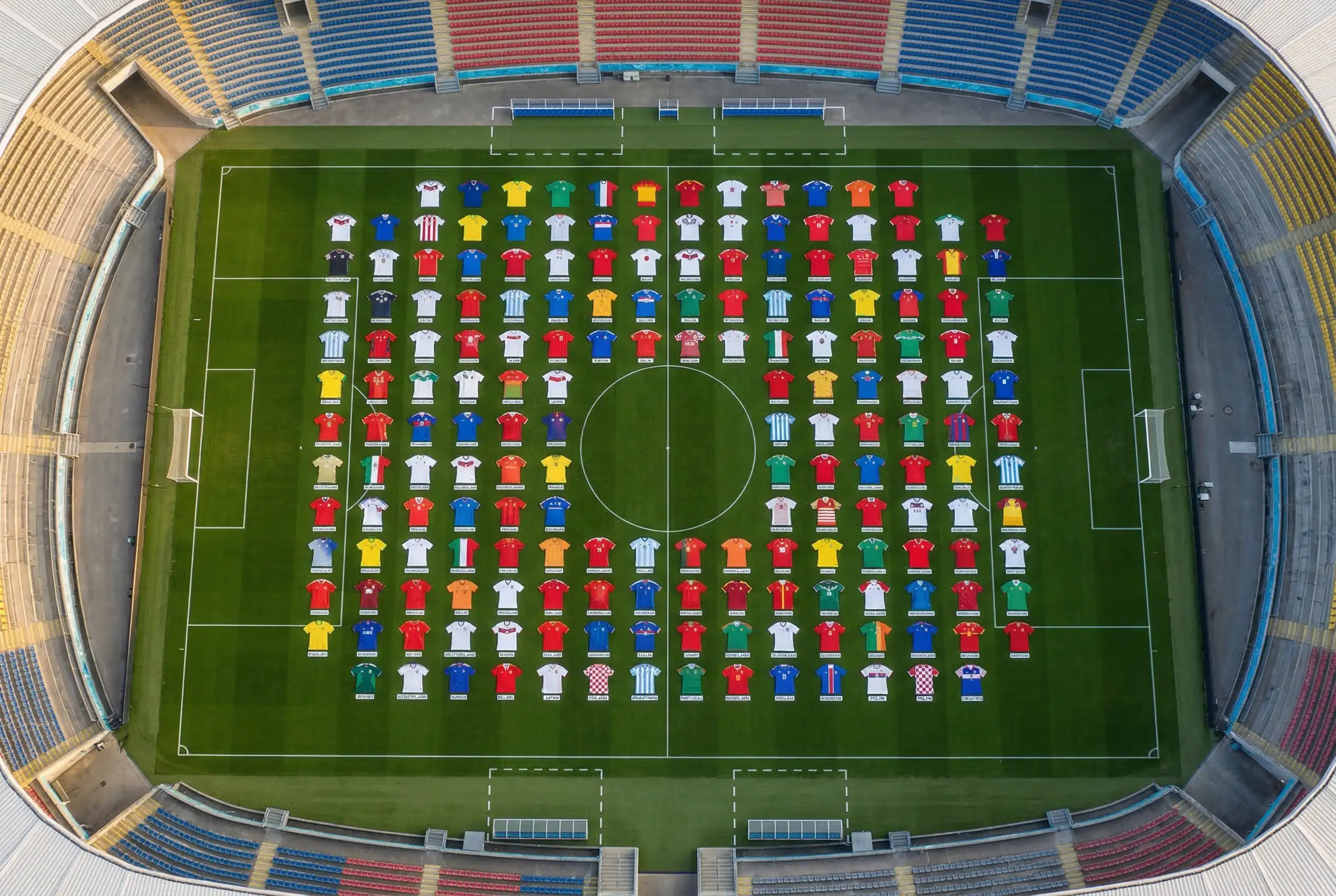 Fußballfeld mit Nationalmannschaftstrikots verschiedener Länder - Symbolbild für die 48 Teilnehmer der WM 2026