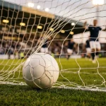 Fußball im Tornetz nach einem Treffer in einem Stadion während eines Nachtspiels