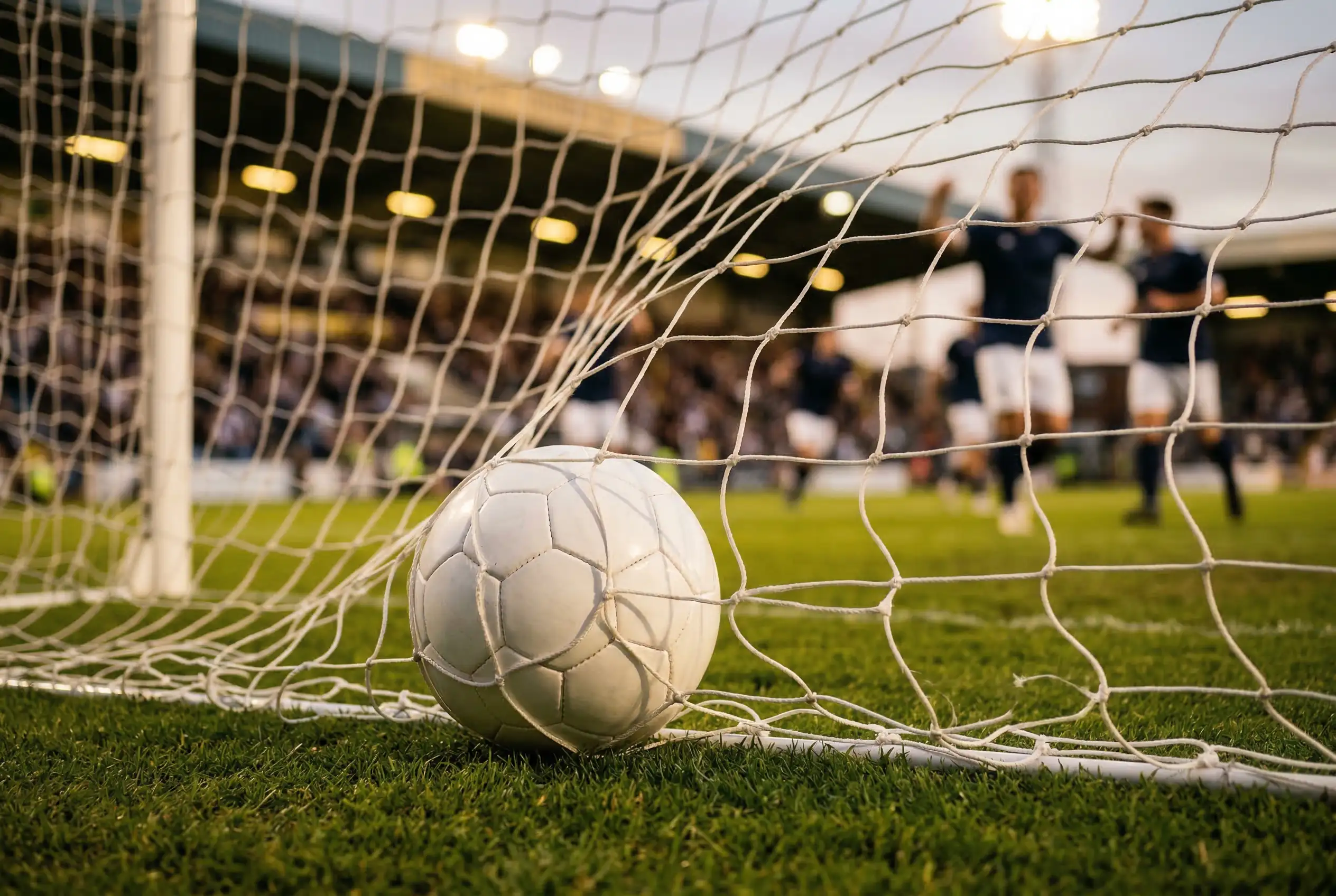 Fußball im Tornetz nach einem Treffer in einem Stadion während eines Nachtspiels