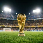 Fußballstadion bei Flutlicht mit WM-Pokal im Fokus auf dem Rasen vor Zuschauertribüne