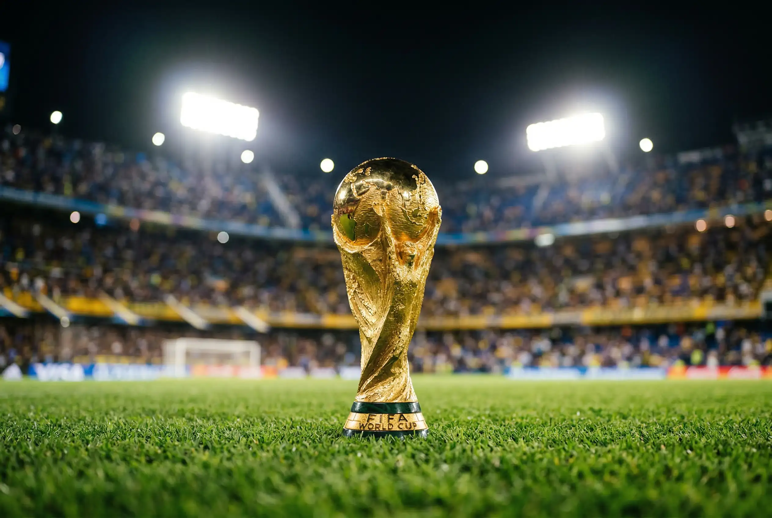 Fußballstadion bei Flutlicht mit WM-Pokal im Fokus auf dem Rasen vor Zuschauertribüne