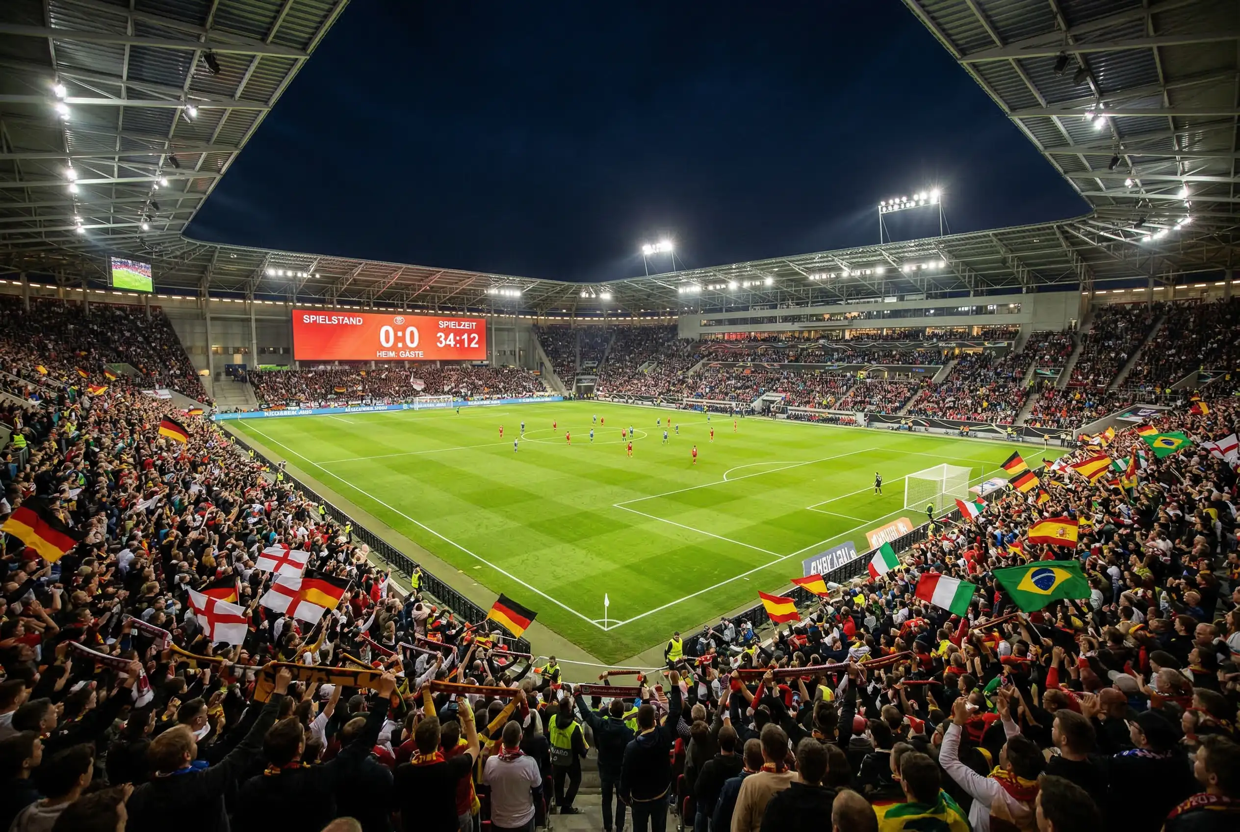 Fußballstadion bei Nacht mit beleuchteter Anzeigetafel zur WM 2026 - Symbolbild für Sportwetten und Wettstrategien