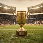 Historischer WM-Pokal auf einem Rasen im Stadion mit Tribüne und Flutlicht im Hintergrund