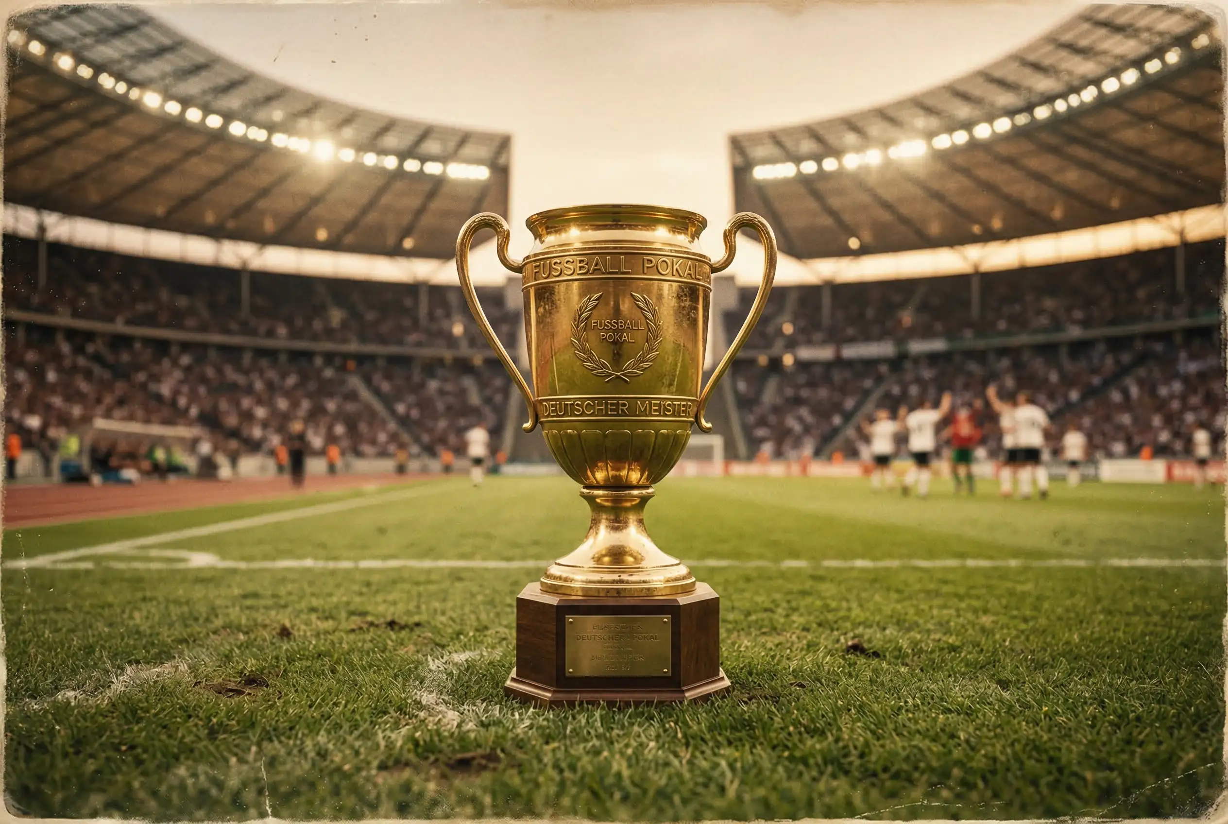 Historischer WM-Pokal auf einem Rasen im Stadion mit Tribüne und Flutlicht im Hintergrund
