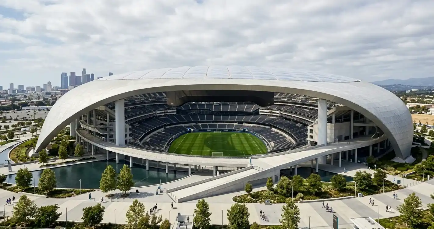 Blick auf das SoFi Stadium in Los Angeles am Nachmittag – Schauplatz des Viertelfinals Spanien gegen Belgien