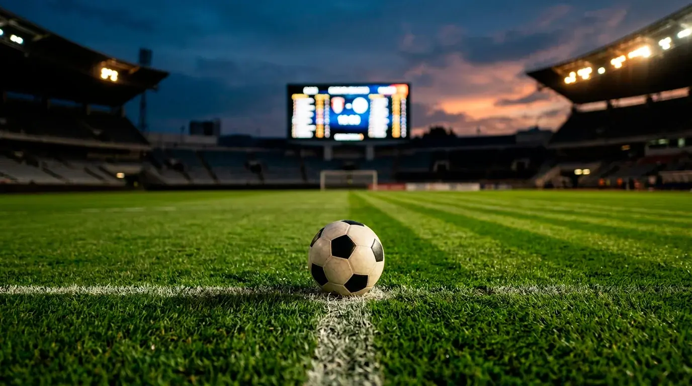 Fußball auf dem Anstoßpunkt eines Stadions, daneben eine Anzeigetafel mit Wettquoten zum WM-Spieltag